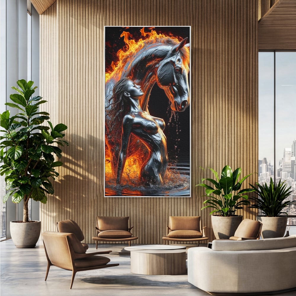 Tablou canvas cu tablou canvas cu femeie si armasar in flacari, in rama de aluminiu argintiu, pe perete intr-un birou