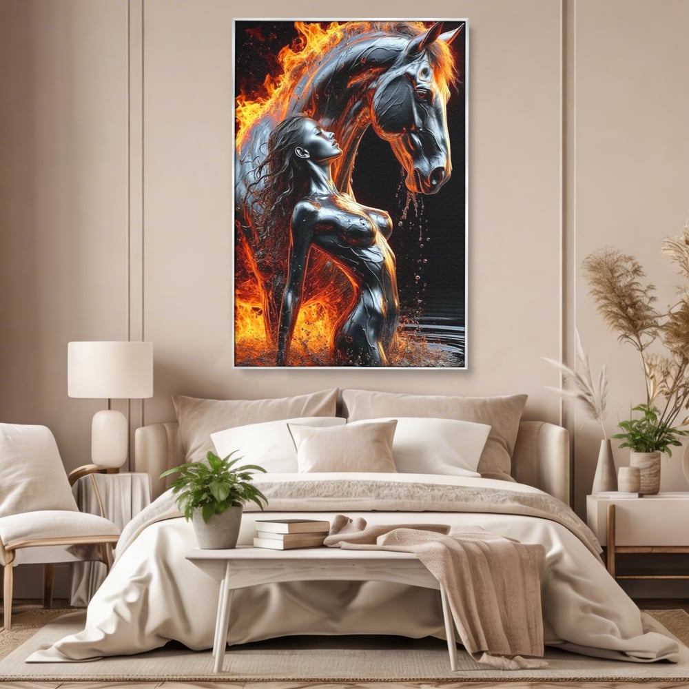 Tablou canvas cu tablou canvas cu femeie si armasar in flacari, in rama de aluminiu argintiu, pe perete intr-un dormitor