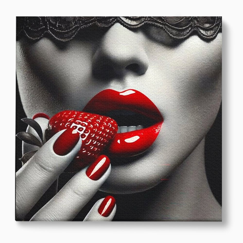 Tablou canvas cu tablou canvas cu buze rosii si capsuna, fara rama, pe sasiu de lemn