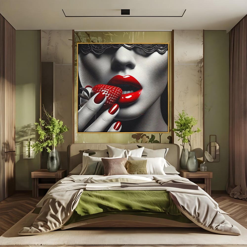 Tablou canvas cu tablou canvas cu buze rosii si capsuna, in rama de aluminiu auriu, pe perete intr-un dormitor