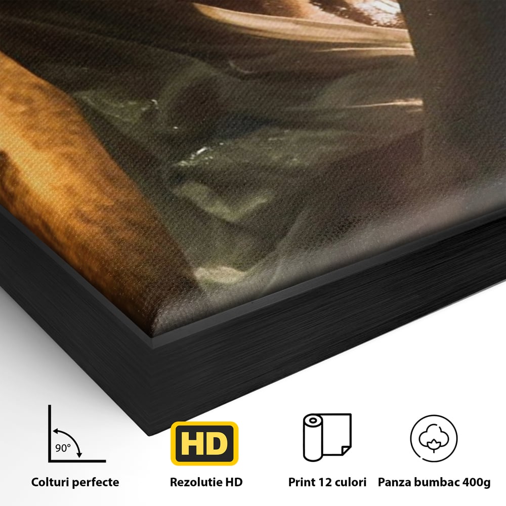 Detaliu al suprafetei: tablou canvas cu silueta umeda in lumina calda, in rama de aluminiu negru