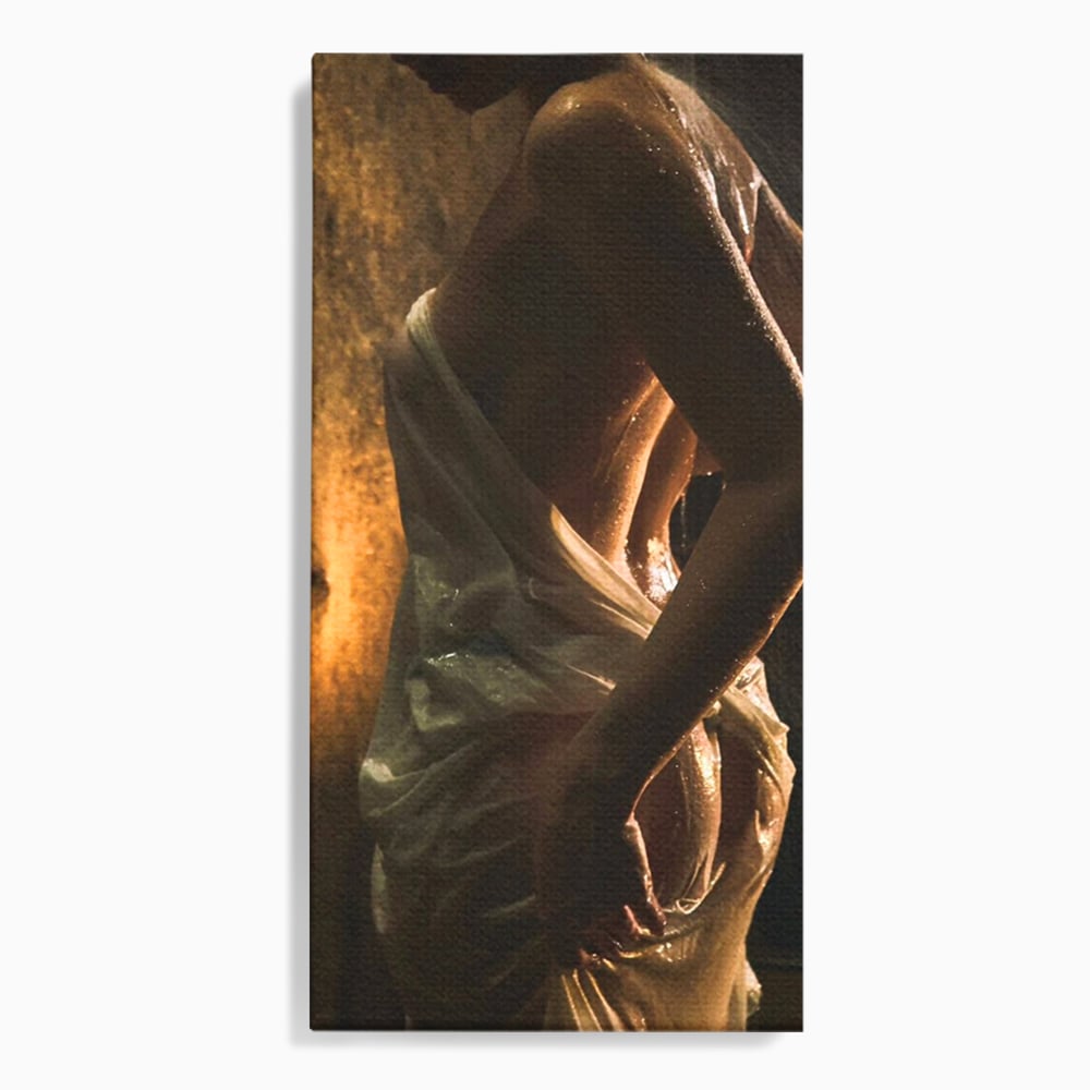 Tablou canvas cu tablou canvas cu silueta umeda in lumina calda, fara rama, pe sasiu de lemn