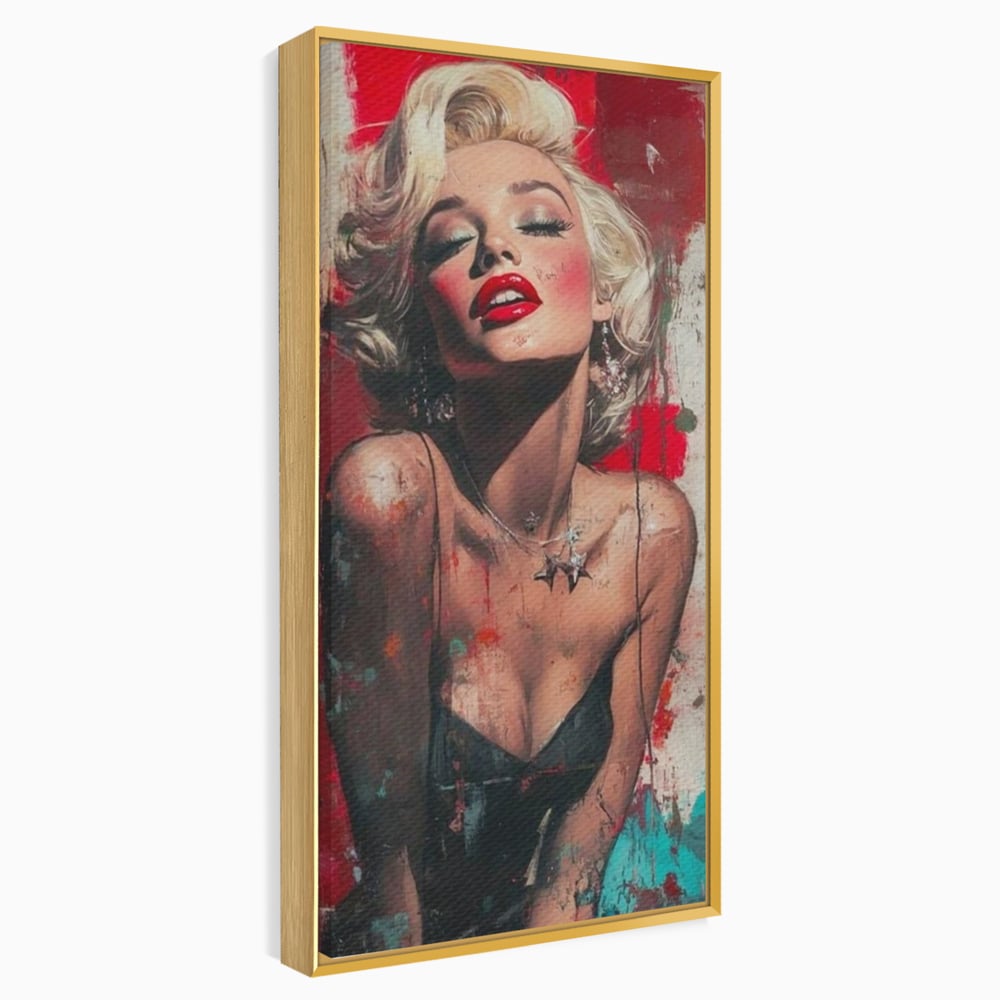 Tablou canvas cu tablou canvas cu portret pop art blonda buze rosii, in rama de aluminiu auriu