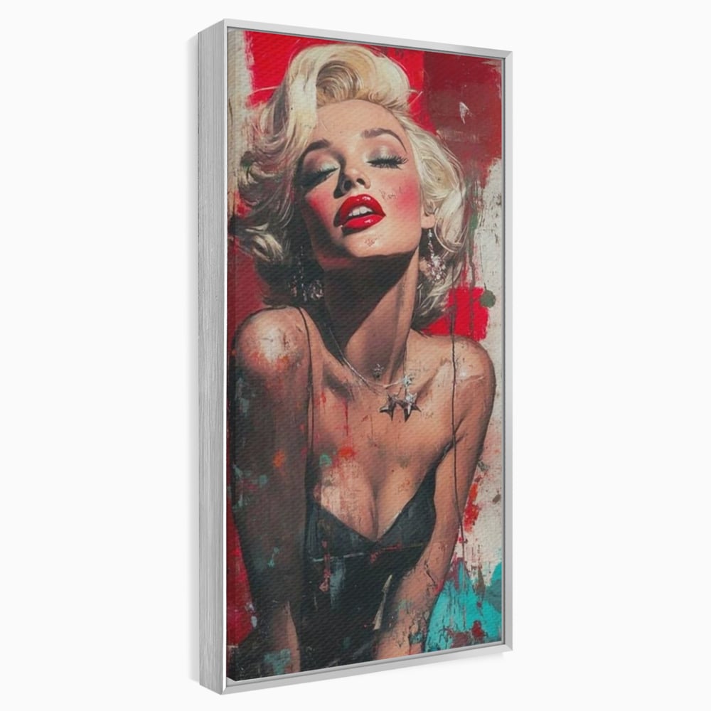 Tablou canvas cu tablou canvas cu portret pop art blonda buze rosii, in rama de aluminiu argintiu