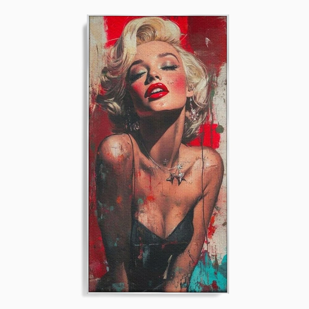 Tablou canvas cu tablou canvas cu portret pop art blonda buze rosii, in rama de aluminiu argintiu