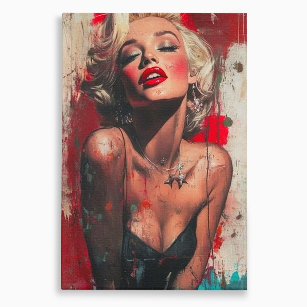 Tablou canvas cu tablou canvas cu portret pop art blonda buze rosii, fara rama, pe sasiu de lemn