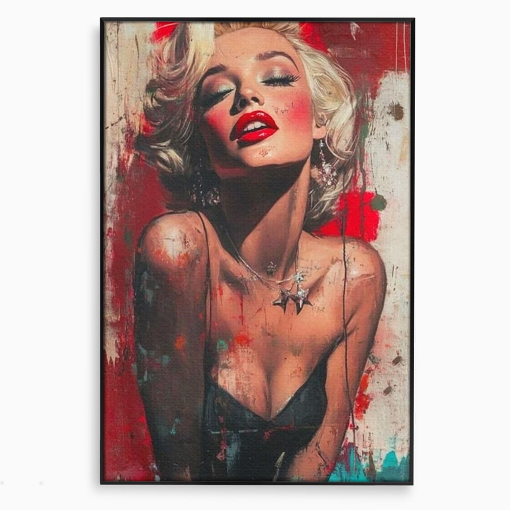 Tablou canvas cu tablou canvas cu portret pop art blonda buze rosii, in rama de aluminiu negru