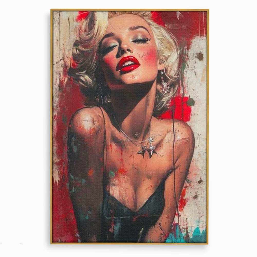 Tablou canvas cu tablou canvas cu portret pop art blonda buze rosii, in rama de aluminiu auriu