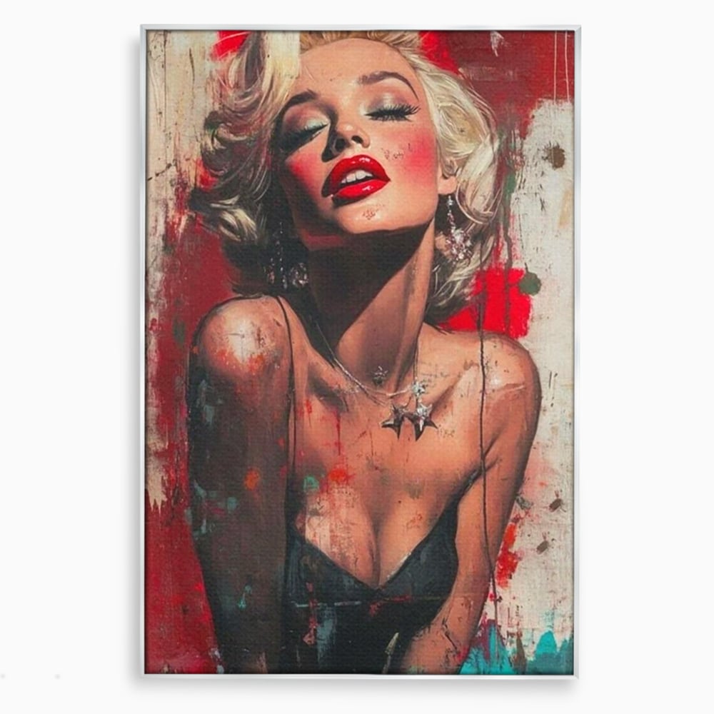 Tablou canvas cu tablou canvas cu portret pop art blonda buze rosii, in rama de aluminiu argintiu