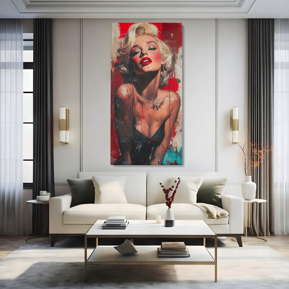 Tablou canvas cu tablou canvas cu portret pop art blonda buze rosii, fara rama, pe sasiu de lemn, pe perete intr-un living