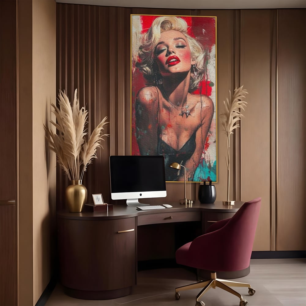 Tablou canvas cu tablou canvas cu portret pop art blonda buze rosii, in rama de aluminiu auriu, pe perete intr-un birou