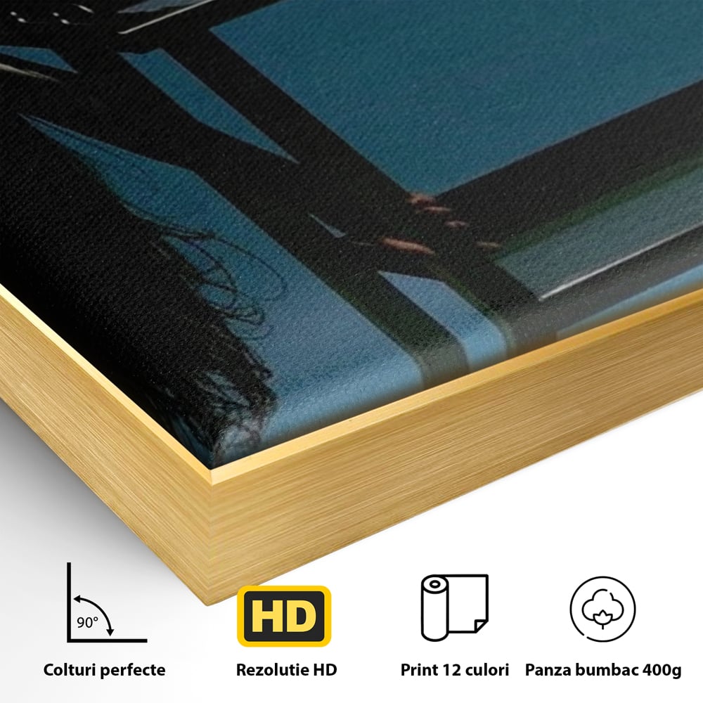 Detaliu al suprafetei: tablou canvas cu silueta curbata pe masa, in rama de aluminiu auriu