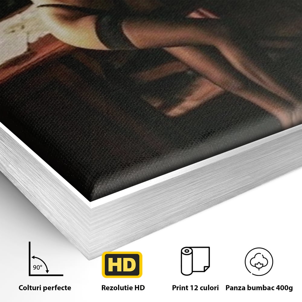 Detaliu al suprafetei: tablou canvas cu femeie si ziar, in rama de aluminiu argintiu