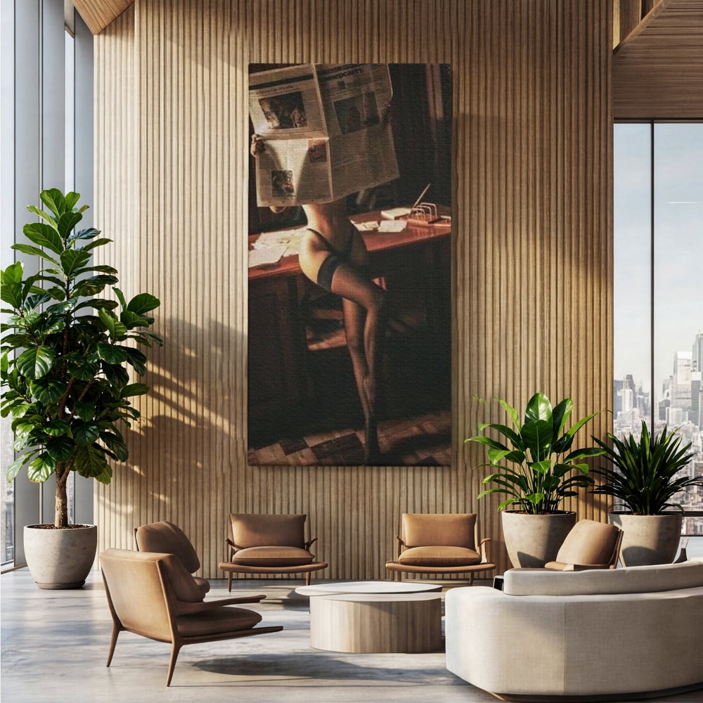 Tablou canvas cu tablou canvas cu femeie si ziar, fara rama, pe sasiu de lemn, pe perete intr-un birou