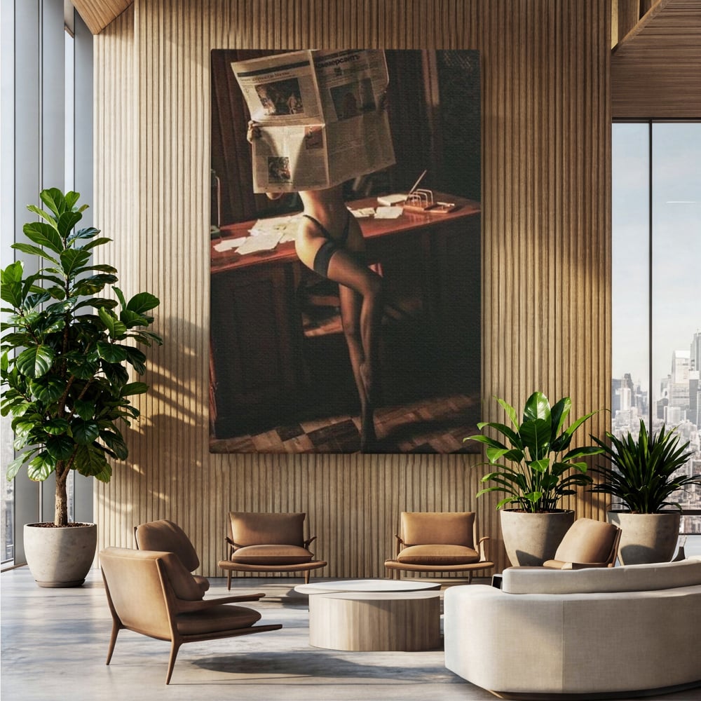 Tablou canvas cu tablou canvas cu femeie si ziar, fara rama, pe sasiu de lemn, pe perete intr-un birou
