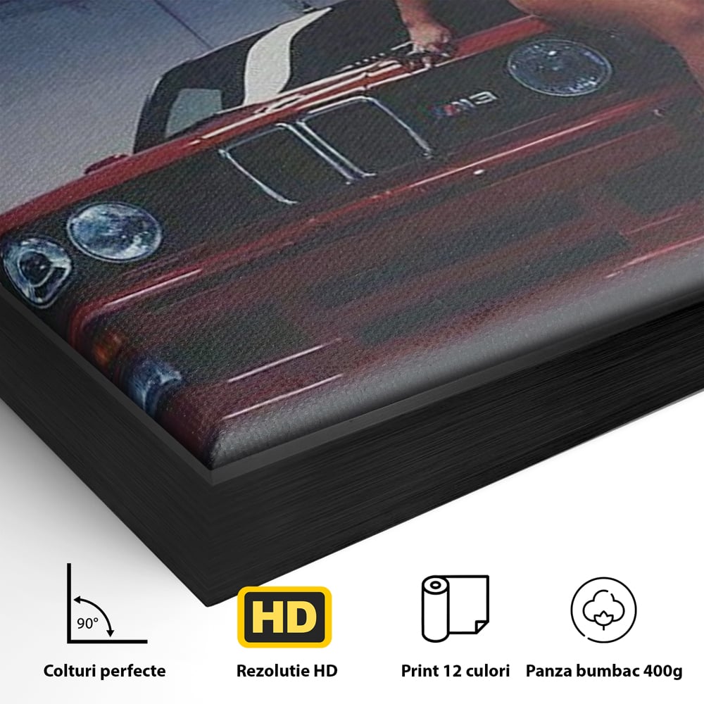 Detaliu al suprafetei: tablou canvas cu masina si femeie, in rama de aluminiu negru