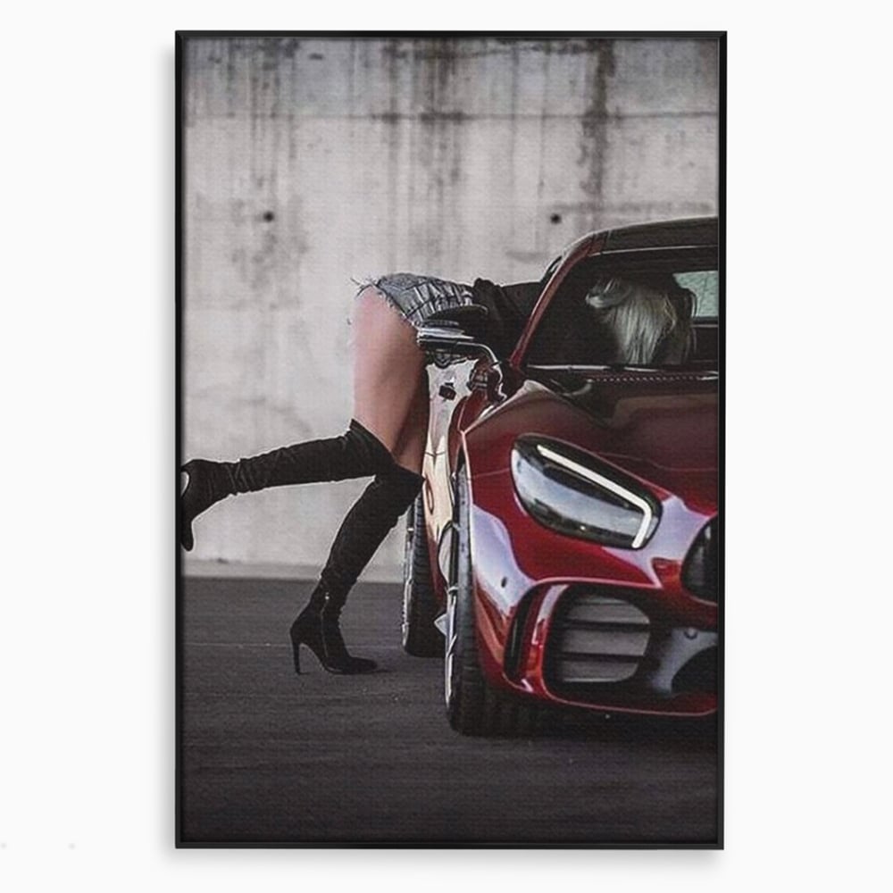 Tablou canvas cu femeie langa masina rosie, in rama de aluminiu negru