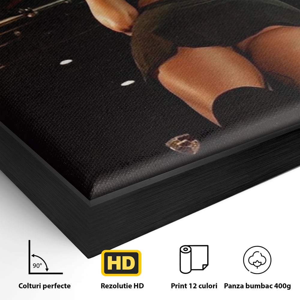 Detaliu al suprafetei: tablou canvas cu femeie pe masina, in rama de aluminiu negru