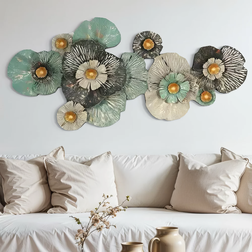 Tablou canvas cu decoratiune de perete cu flori metalice