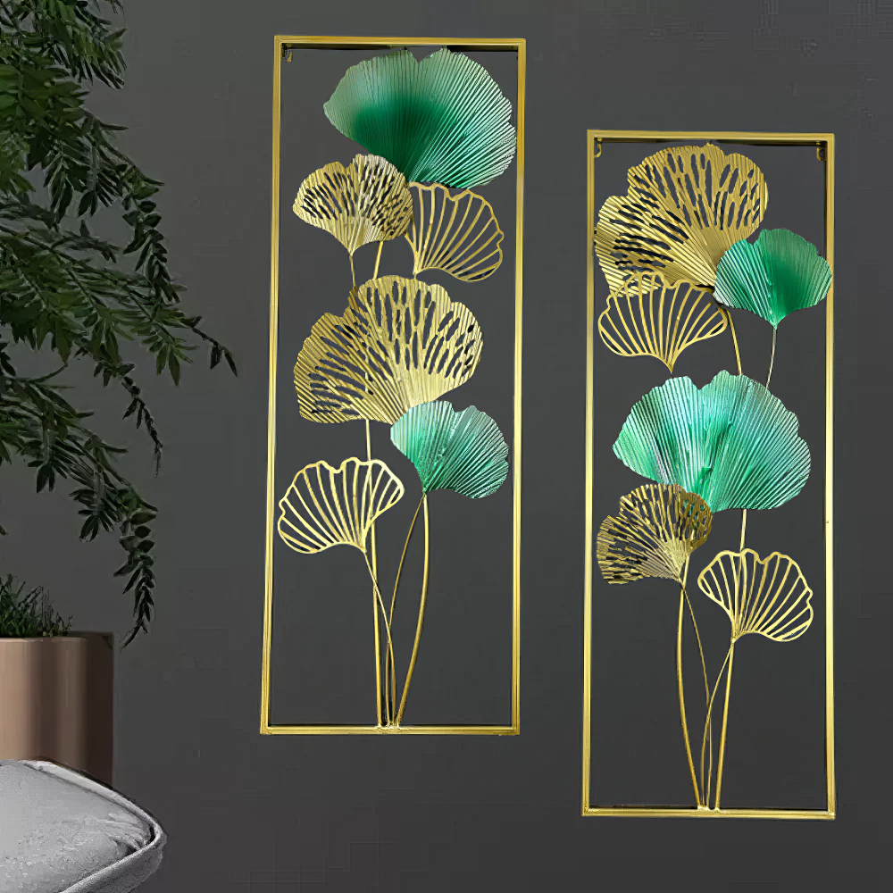 Set 2 Decoratiuni Metalice de Perete LuxCanva® TwinGinkgo A0822, din Metal, Verticale, Auriu, Verde, Dimensiune Mare 85 × 31 cm