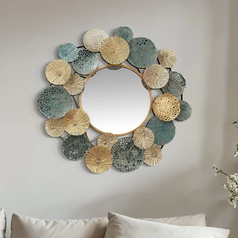 Tablou canvas cu oglinda rotunda cu decor metalic
