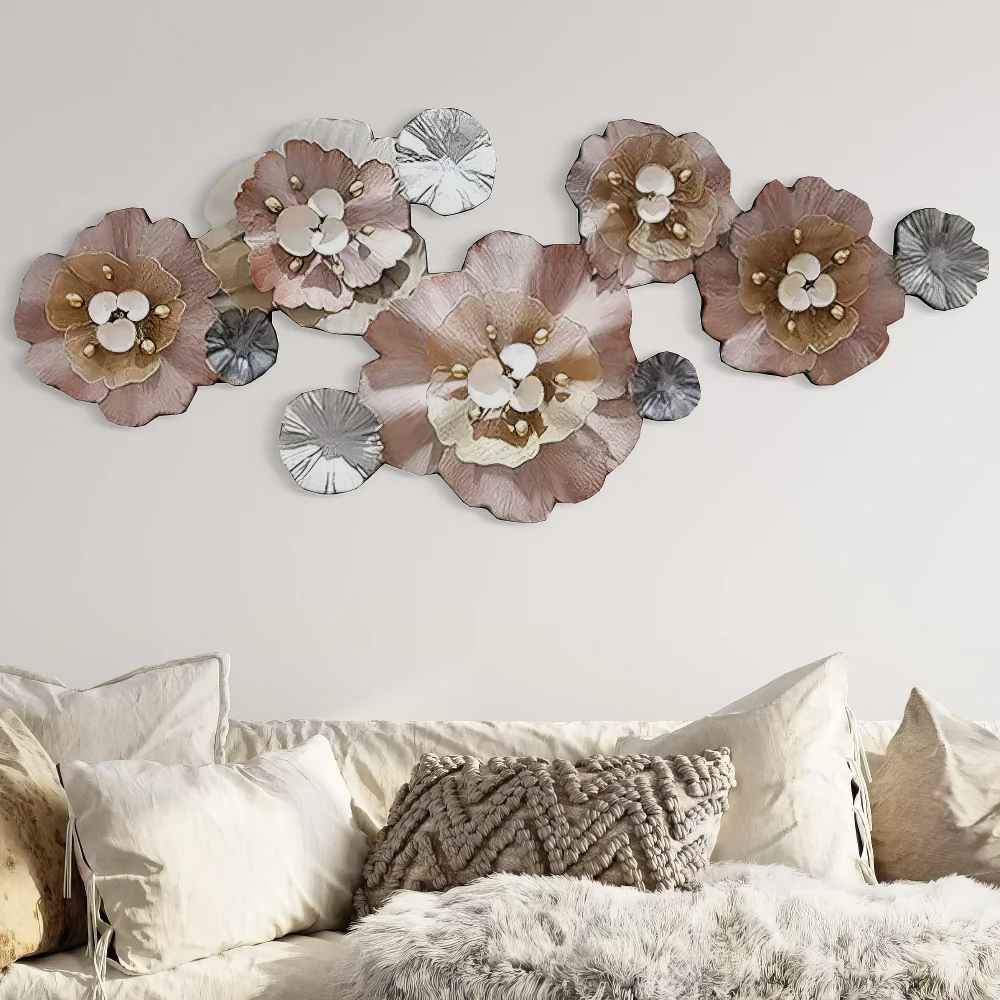 Decoratiune Metalica de Perete LuxCanva® CrystalBloom A2025M Roz, din Metal, Orizontala, Roz, Auriu, Gri, Dimensiune Mare 160 x 64 cm