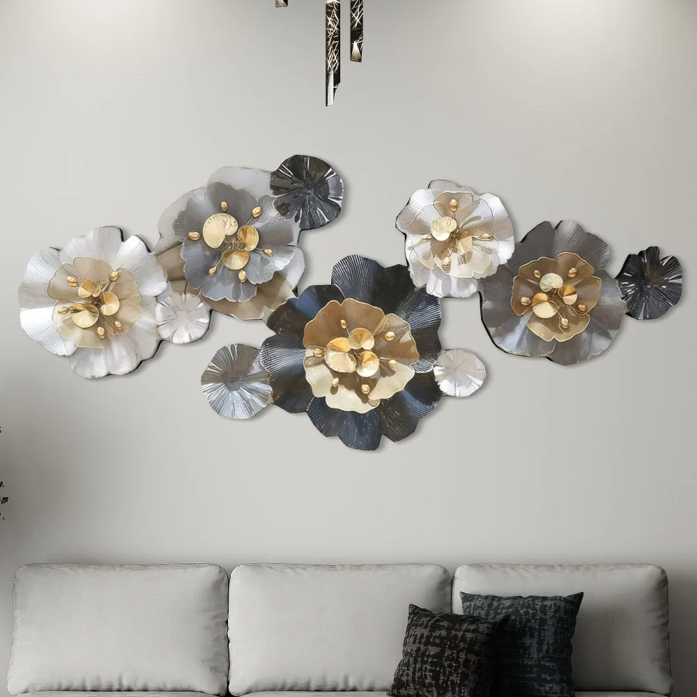 Tablou canvas cu decoratiune metalica de perete cu flori