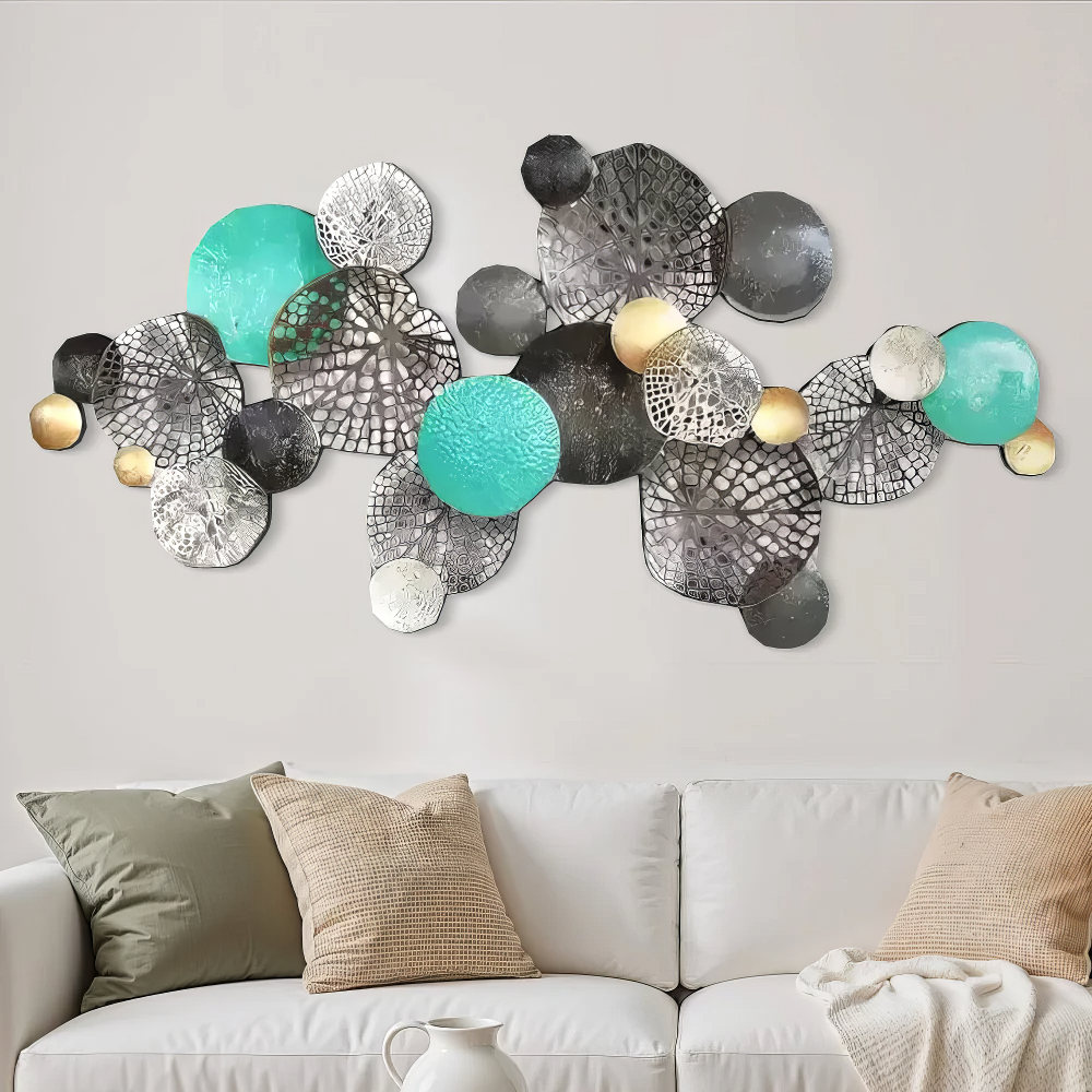Decoratiune Metalica de Perete LuxCanva® Circle Wall Art A2027, din Metal, Orizontal, Turquoise, Gold, Silver, Dimensiune Mare 133 x 68 cm
