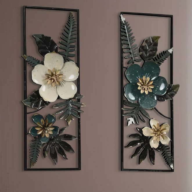 Set 2 Decoratiuni Metalice de Perete LuxCanva® Elisian Garden A2095, din Metal, Verticale, Verde, Alb, Auriu, Dimensiune Mare 31 × 89 cm