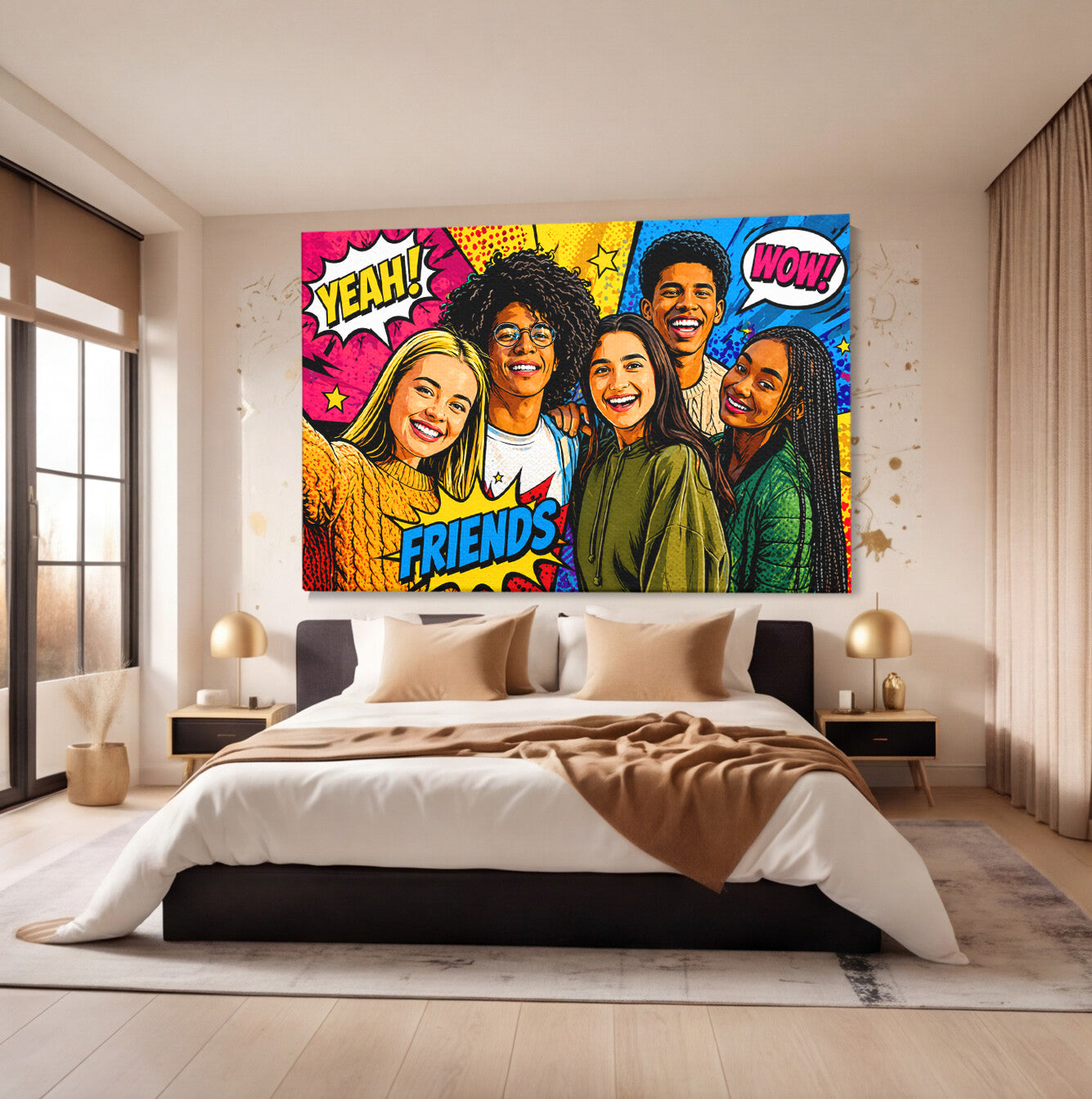Tablou canvas cu ilustratie digitala pop art cu tineri zambitori, pe perete intr-un dormitor
