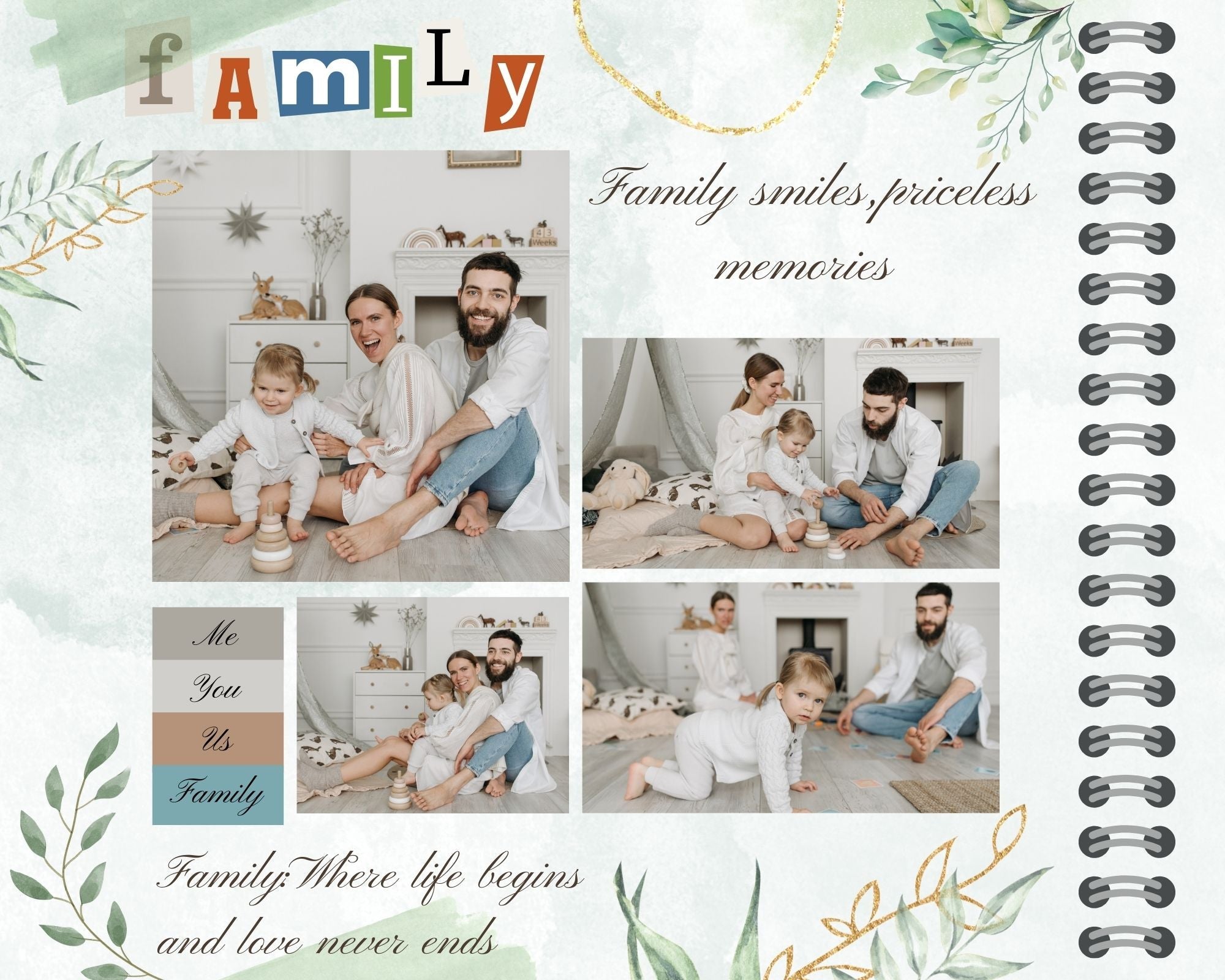Tablou Canvas Personalizat cu 4 Poze Pentru Familie "Me, You, Us, Family", PS111