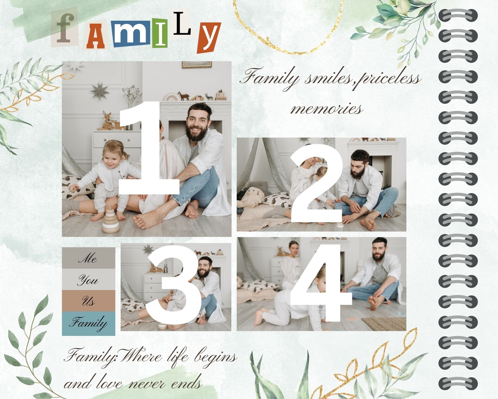 Tablou Canvas Personalizat cu 4 Poze Pentru Familie "Me, You, Us, Family", PS111