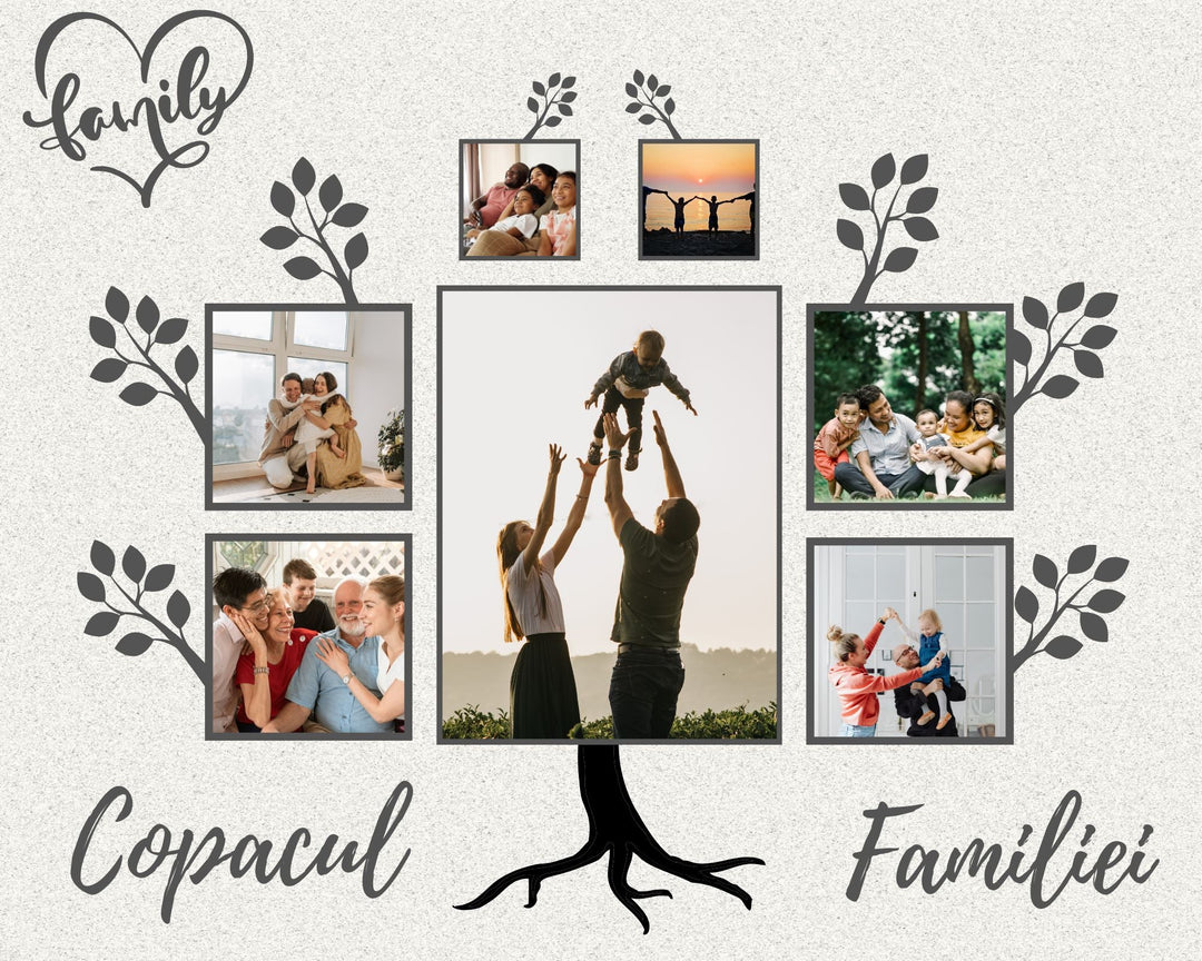 LuxCanva® Tablou Canvas Personalizat cu 7 Poze pentru Familie "Copacul Familiei" PS113: un tablou elegant, tip arbore genealogic, ideal ca tablou personalizat familie sau cadou pentru a păstra amintirile dragi alături de cei iubiți.