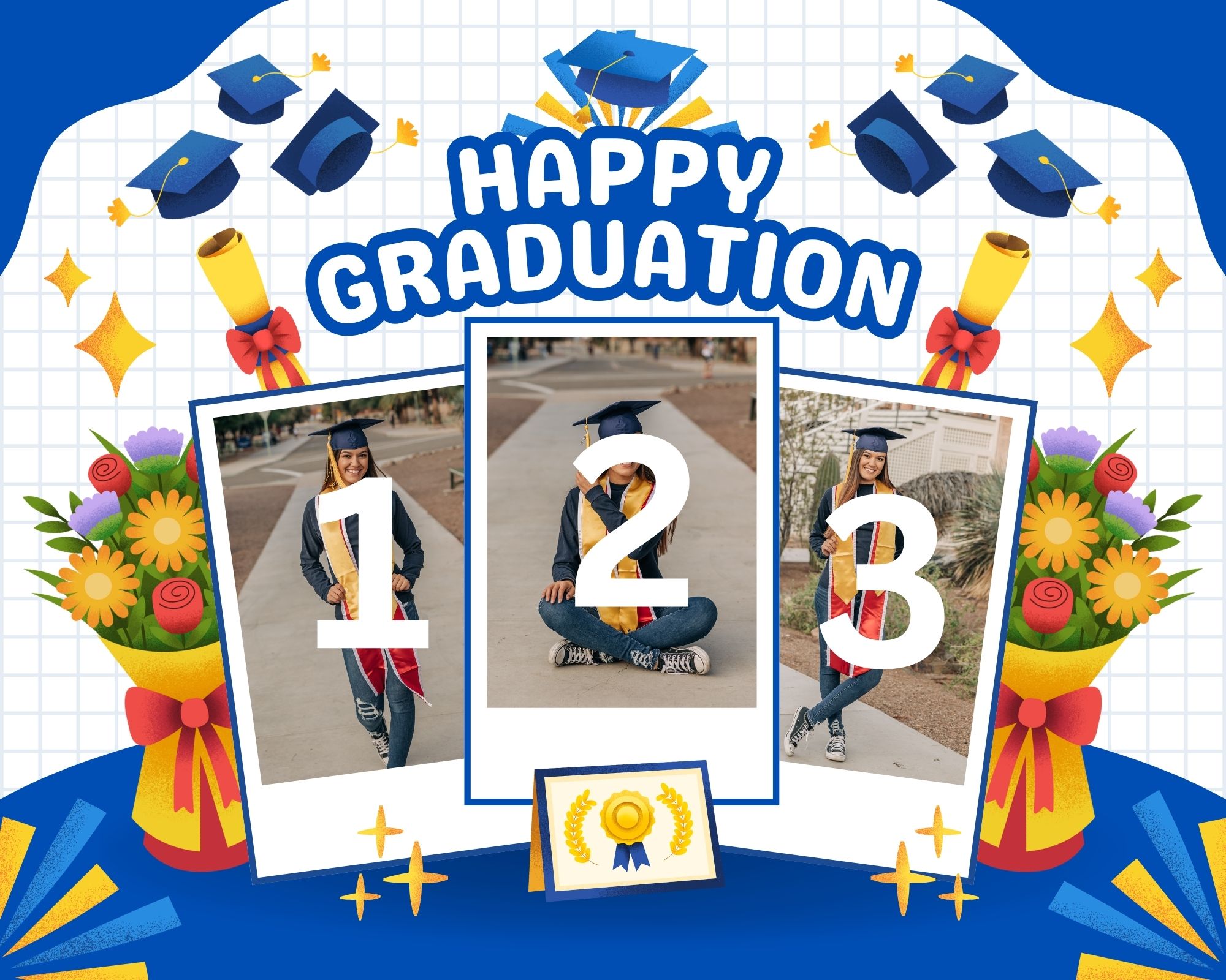 Tablou Canvas Personalizat cu 3 Poze Pentru Absolvire "Happy Graduation", PS195