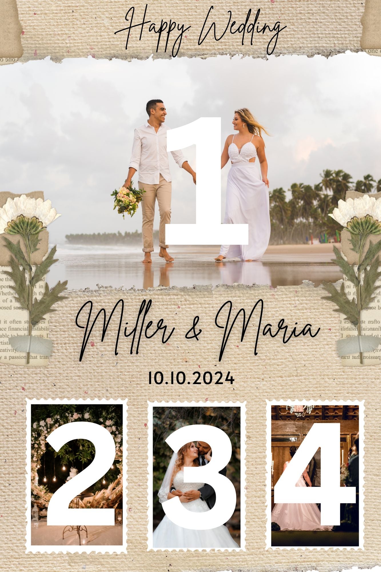 Tablou Canvas Personalizat cu 4 Poze Pentru Nunta "Happy Wedding", PS213