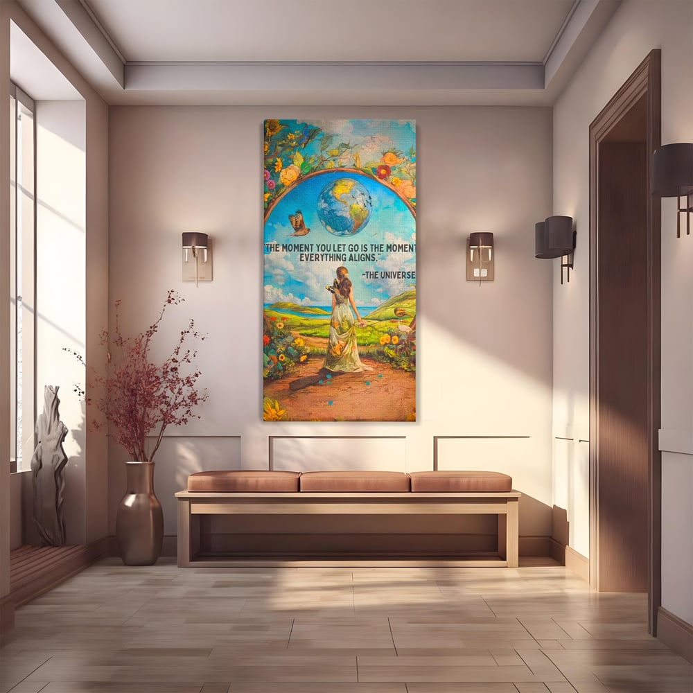 Tablou canvas cu tablou canvas cu femeie pe poteca si glob pamantesc, fara rama, pe sasiu de lemn