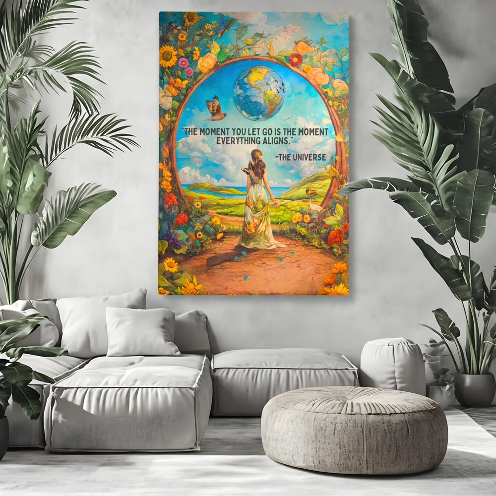 Tablou canvas cu tablou canvas cu femeie pe poteca si glob pamantesc, fara rama, pe sasiu de lemn, pe perete intr-un living