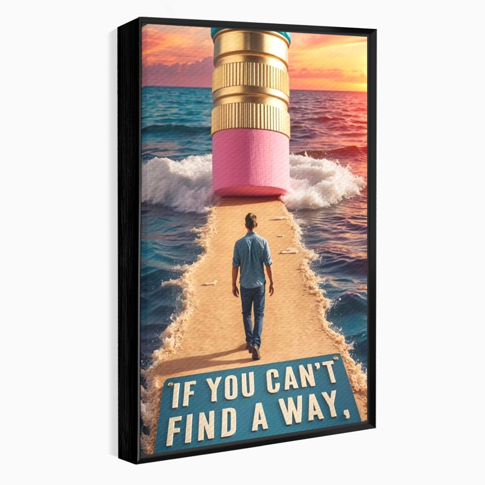 Tablou canvas cu ilustratie motivatioanala cu barbat pe carare, in rama de aluminiu negru