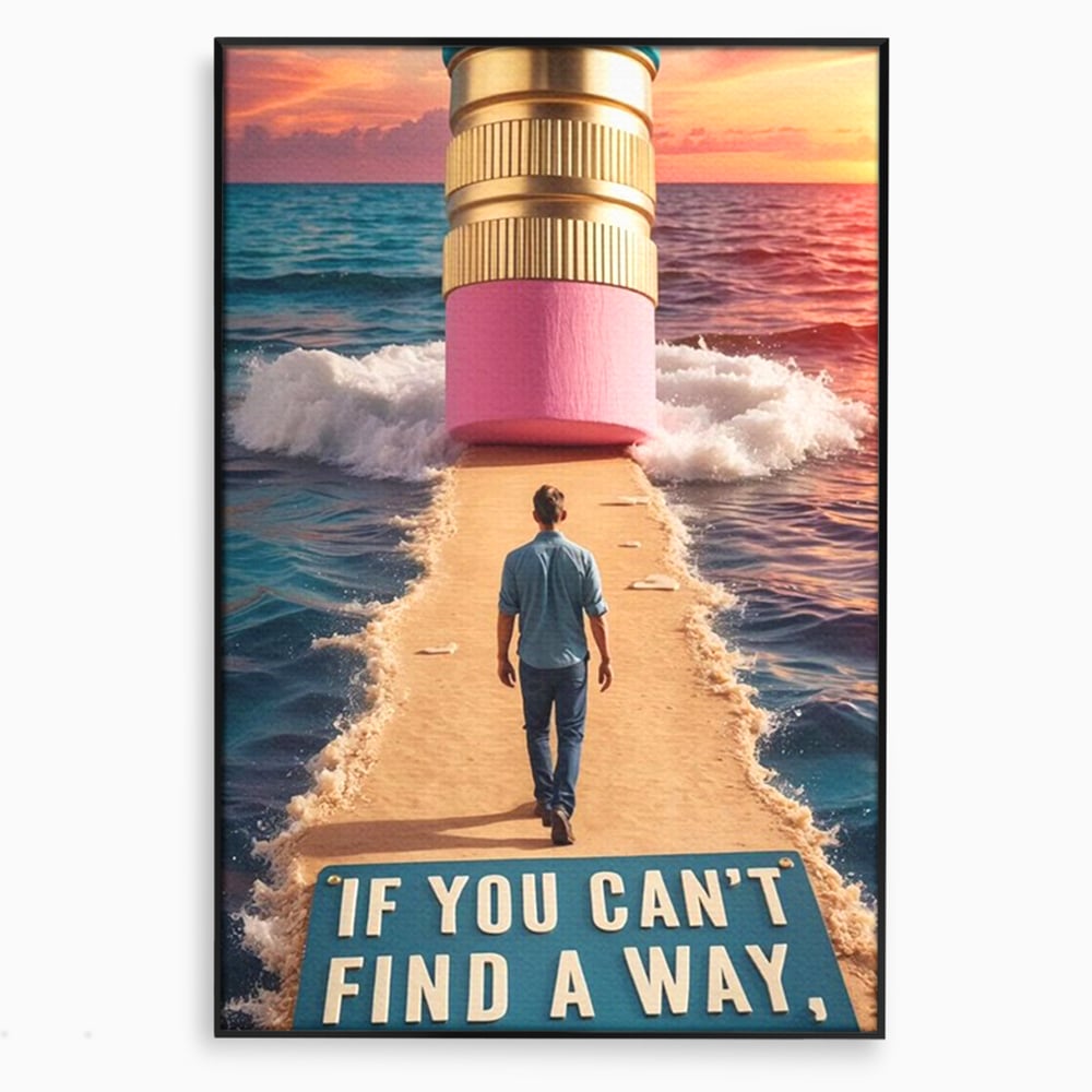 Tablou canvas cu ilustratie motivatioanala cu barbat pe carare, in rama de aluminiu negru