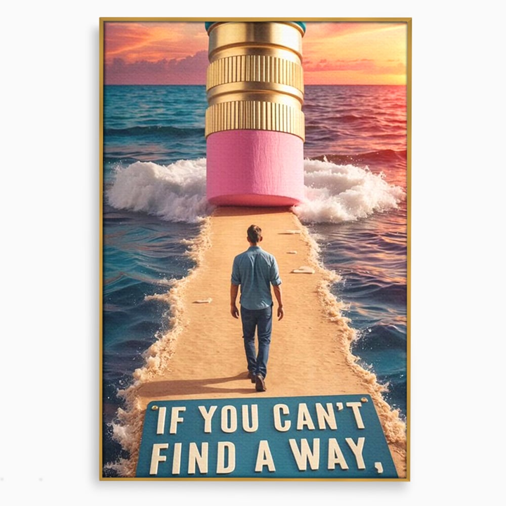 Tablou canvas cu ilustratie motivatioanala cu barbat pe carare, in rama de aluminiu auriu