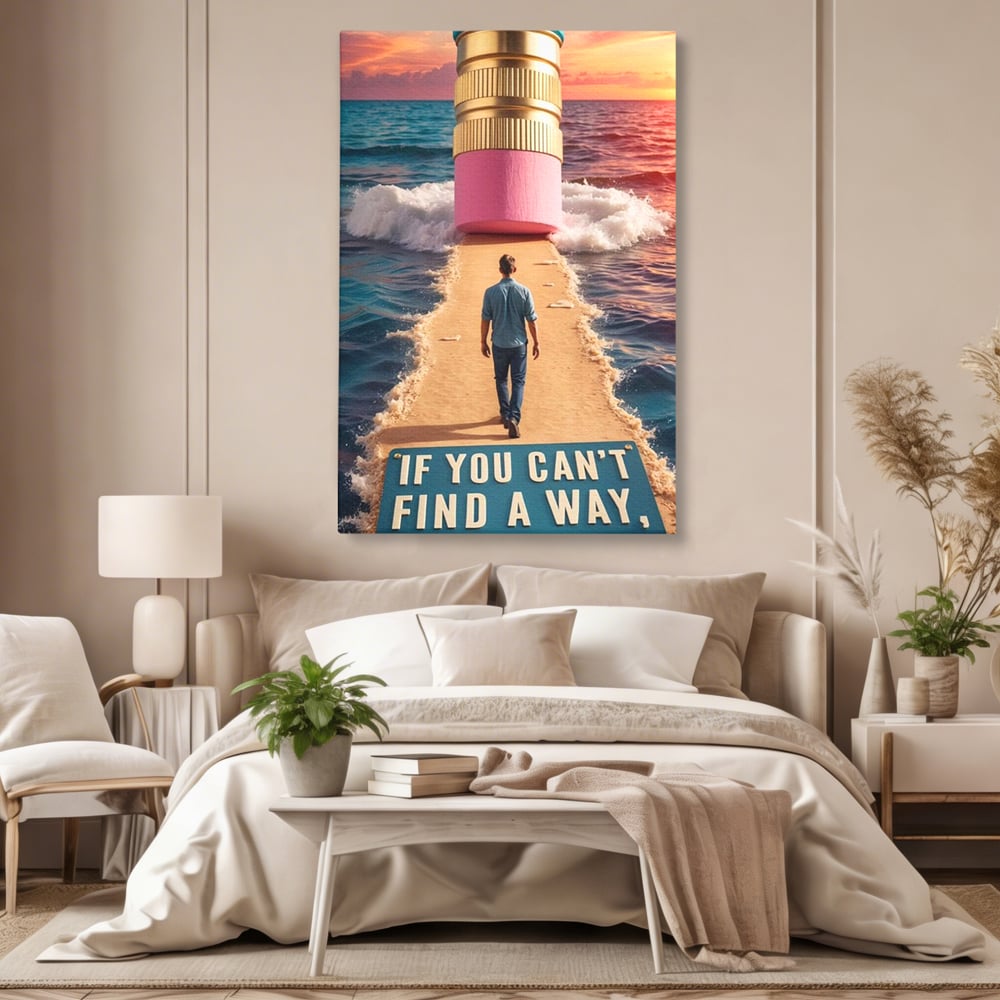 Tablou canvas cu ilustratie motivatioanala cu barbat pe carare, fara rama, pe sasiu de lemn, pe perete intr-un dormitor