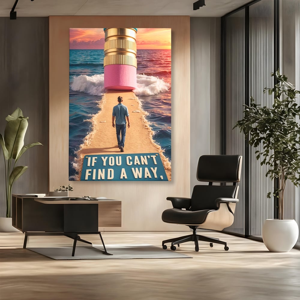 Tablou canvas cu ilustratie motivatioanala cu barbat pe carare, fara rama, pe sasiu de lemn, pe perete intr-un birou