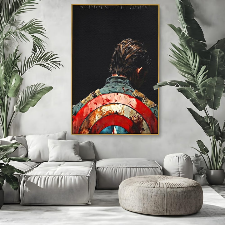 Tablou canvas cu ilustratie motivationala cu un razboinic din spate, in rama de aluminiu auriu, pe perete intr-un living