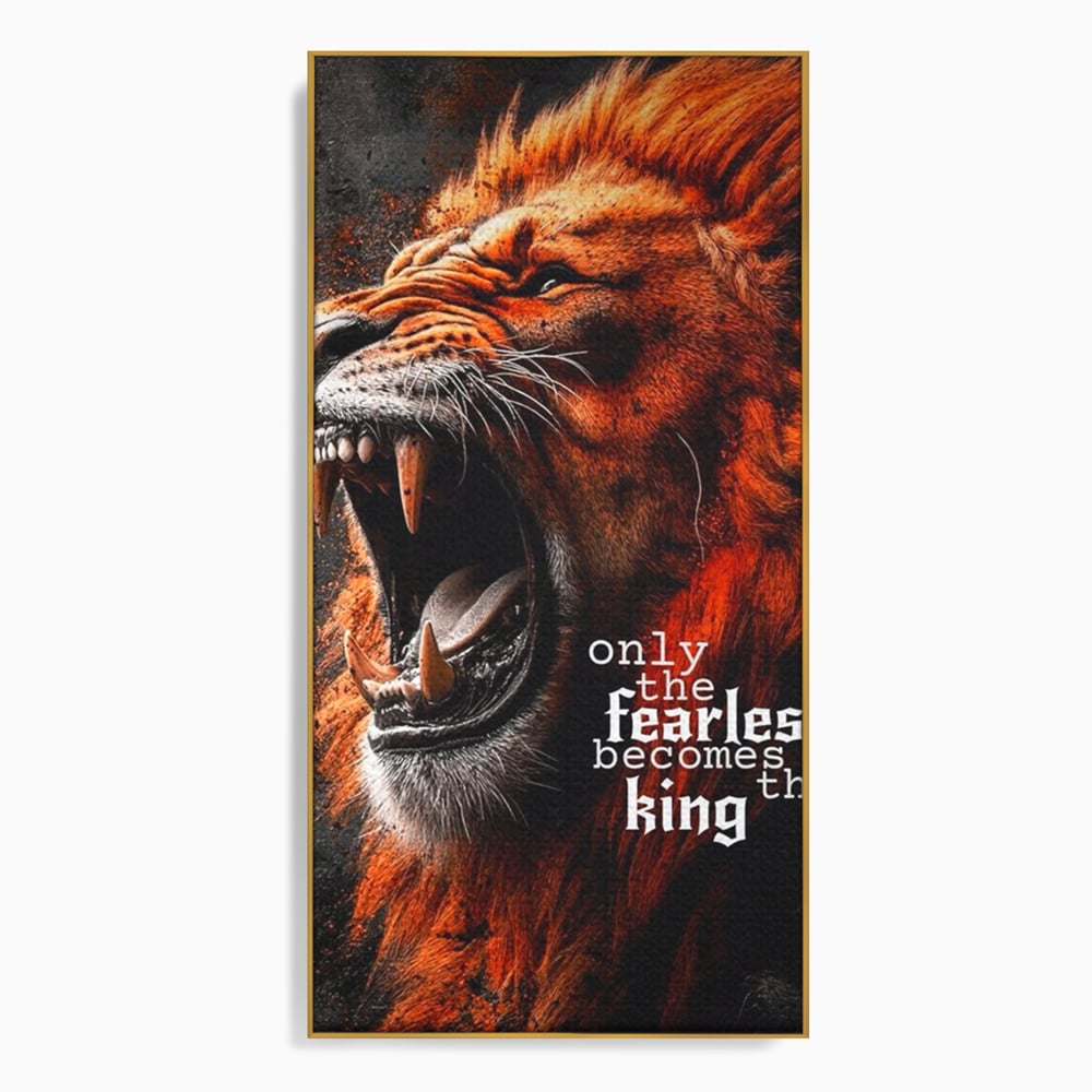 Tablou canvas cu ilustratie digitala cu leu care raguseste, in rama de aluminiu auriu