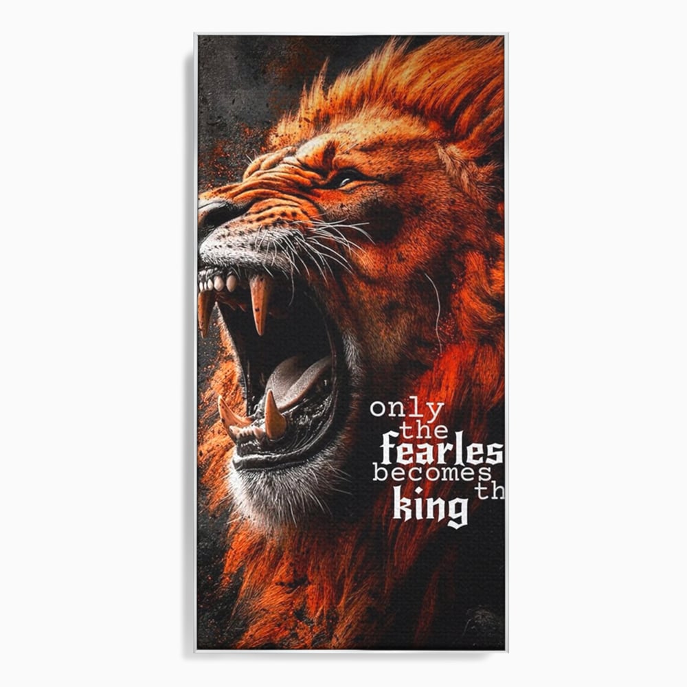 Tablou canvas cu ilustratie digitala cu leu care raguseste, in rama de aluminiu argintiu