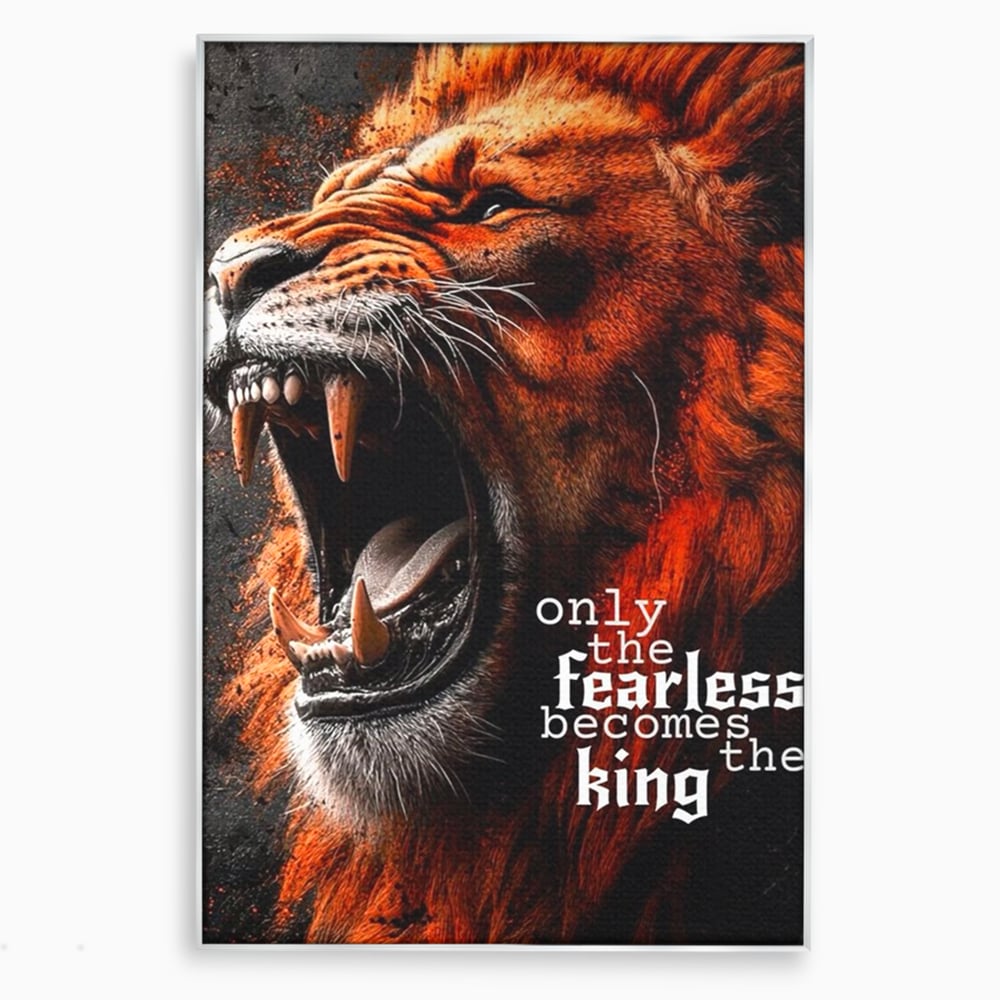 Tablou canvas cu ilustratie digitala cu leu care raguseste, in rama de aluminiu argintiu