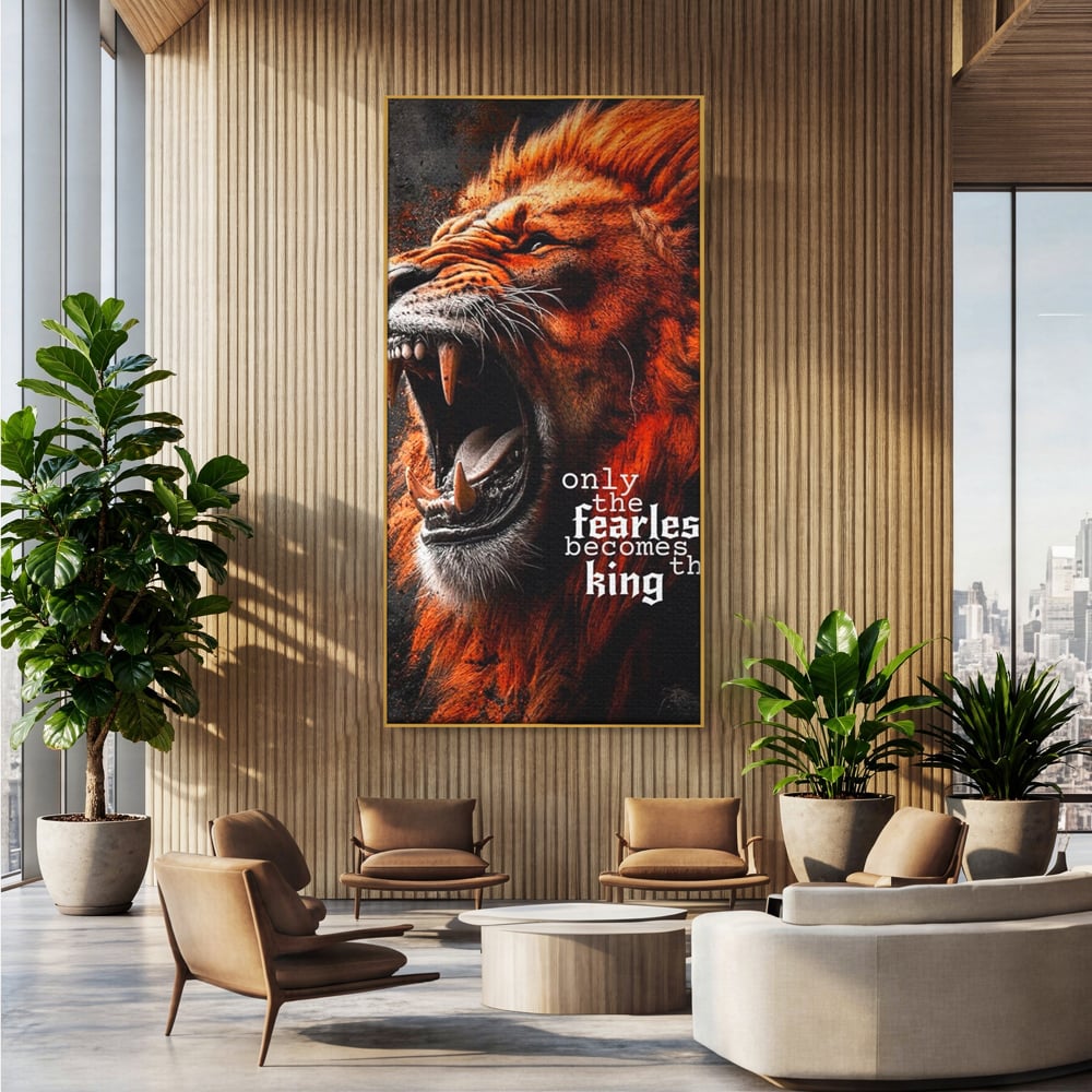 Tablou canvas cu ilustratie digitala cu leu care raguseste, in rama de aluminiu auriu, pe perete intr-un birou