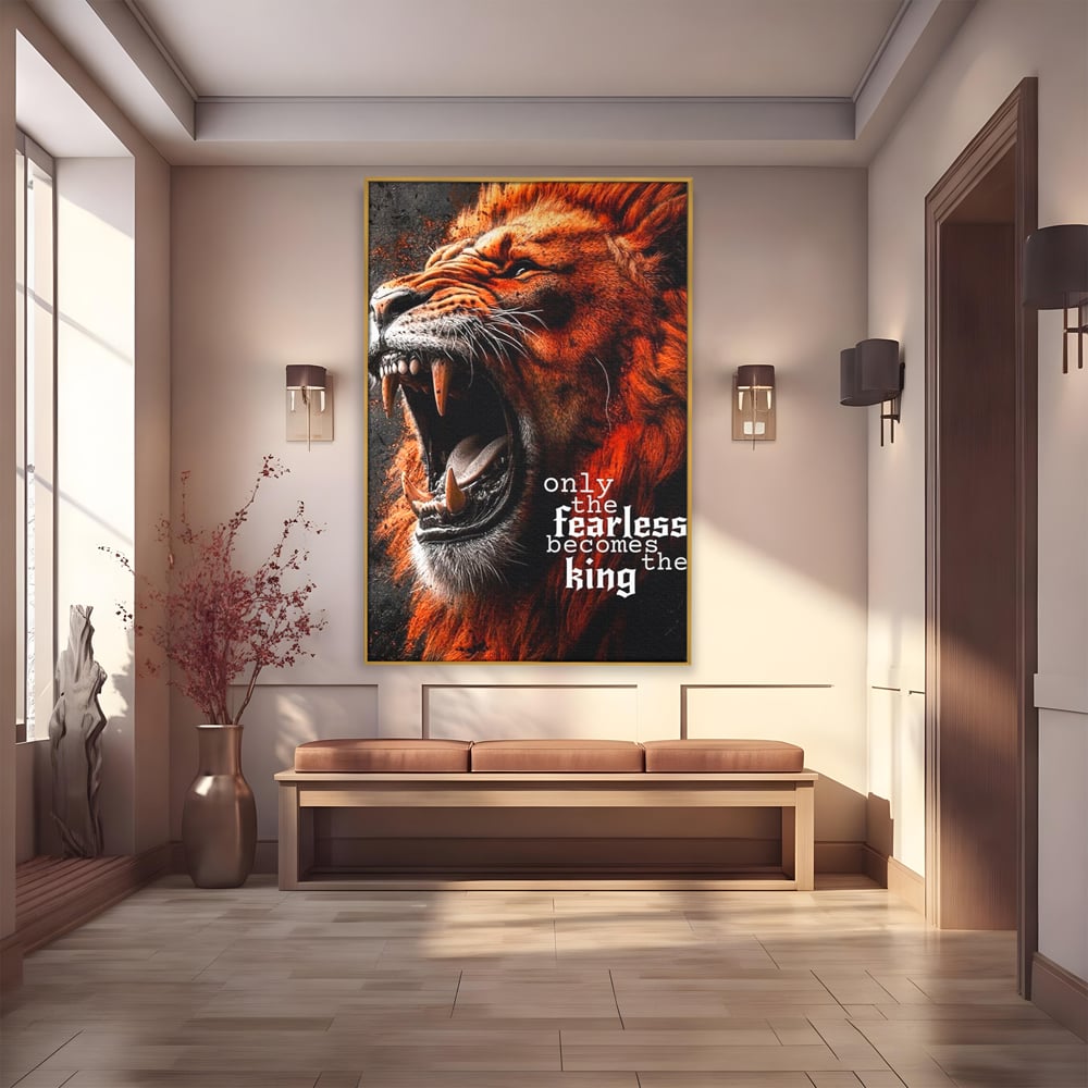 Tablou canvas cu ilustratie digitala cu leu care raguseste, in rama de aluminiu auriu