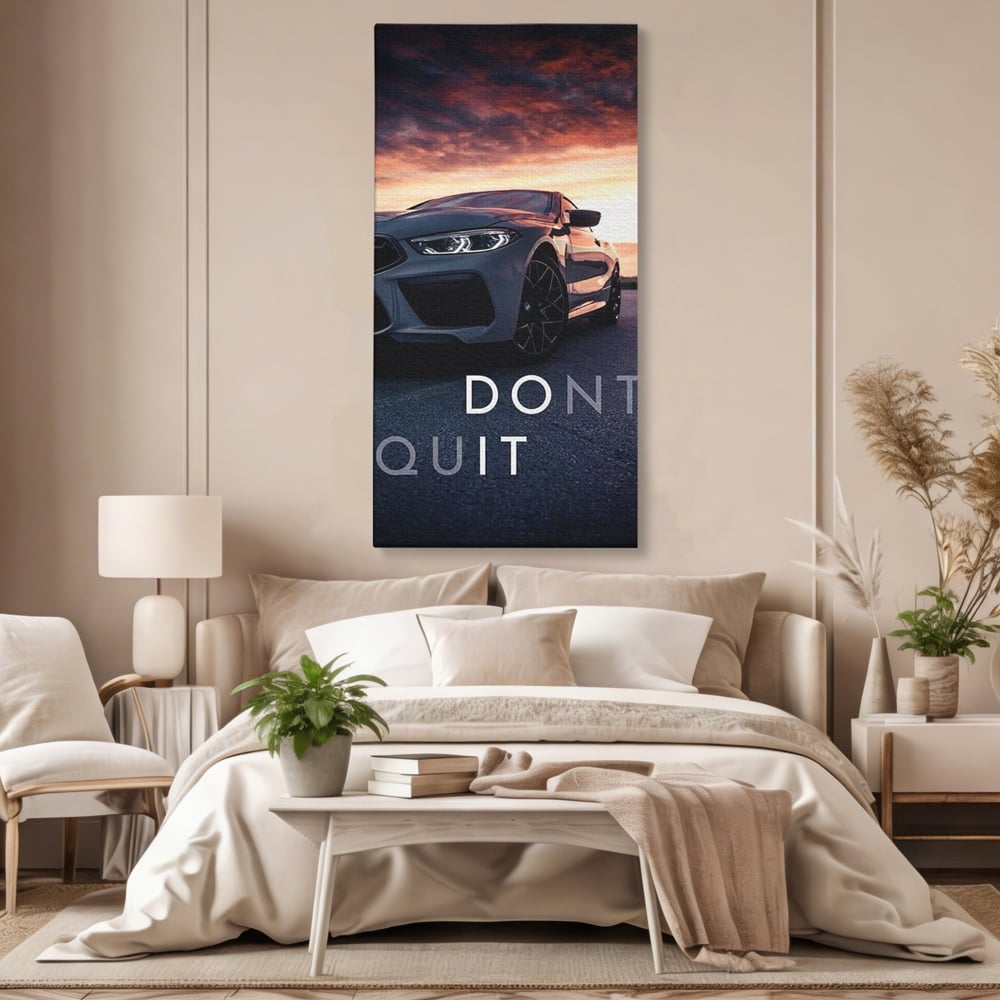 Tablou canvas cu tablou canvas cu masina sport si mesaj, fara rama, pe sasiu de lemn, pe perete intr-un dormitor