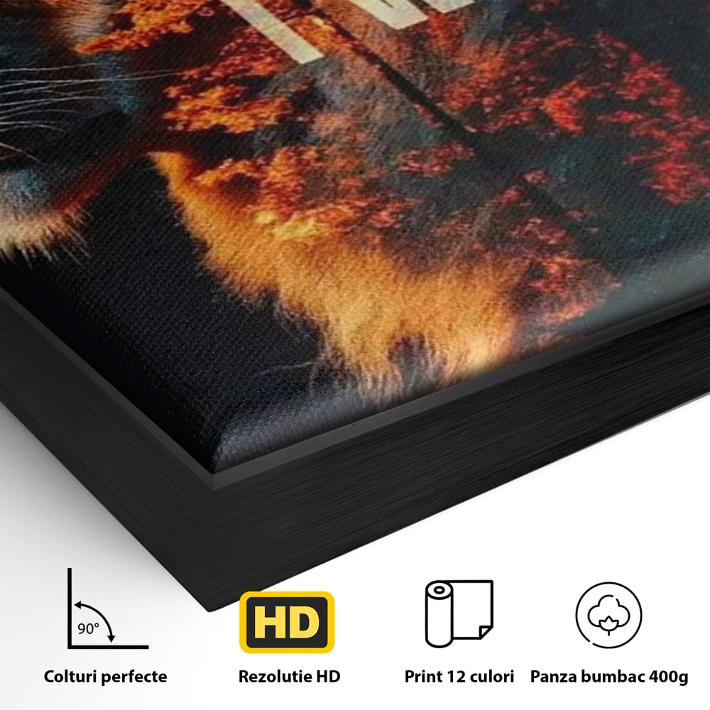 Detaliu al suprafetei: tablou canvas cu leu si padure aprinsa, in rama de aluminiu negru
